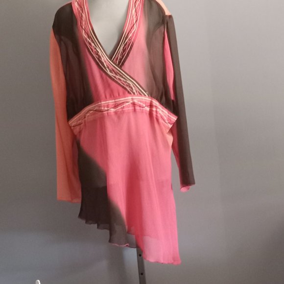 Penningtons deep v asymmetrical long sleeve multicolour sheer boho top blouse 4X - Picture 1 of 3